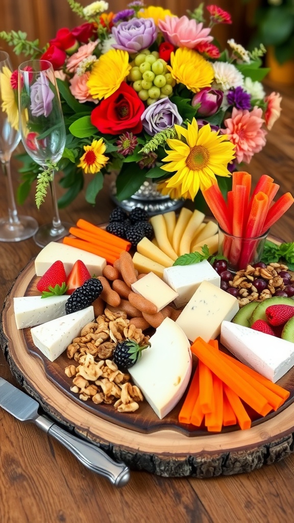 A stunning cheese board with assorted cheeses, fruits, nuts, and vegetable sticks on a rustic table.